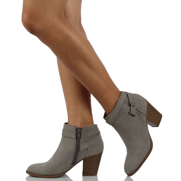 Light Grey Faux Nubuck Leather Stacked Heel Boot - Picture 6 of 7